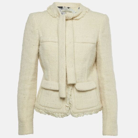 Balenciaga Cream Tweed Ruffled Tie-Up Neck Detail Jacket M